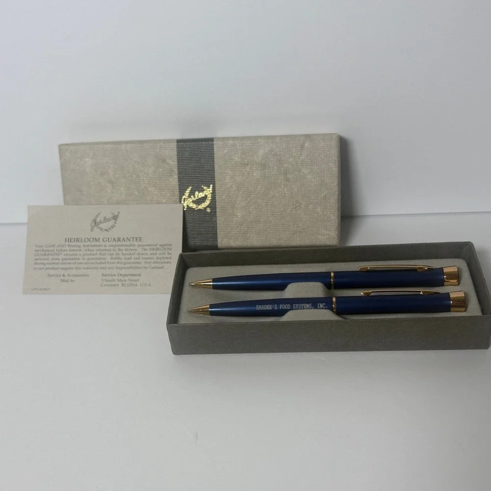 Vntg Garland Pen and Pencil Set Hardee's Food Systems Blue Gold Vintage Gift Box